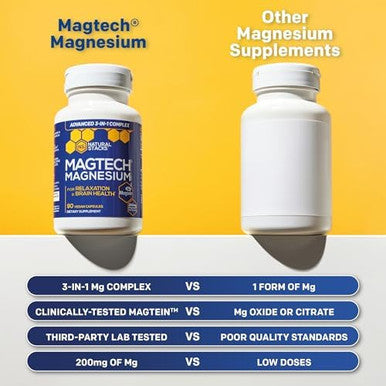 NATURAL STACKS MagTech Magnesium Complex for Women & Men - 3 Forms of Magnesium: Glycinate Magtein L-Threonate & Taurate - 200mg Chelated Complex - Support for Relaxation & Brain Health