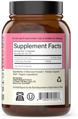 Complete Natural Products Organic D-Mannose Capsules - Pure D-Mannose Pills 100 Count For Uti, Bladder, & Urinary Tract Health