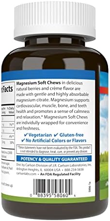 Carlson Magnesium Soft Chews 125 mg Highly Absorbable Muscle Relaxation and Overall Health Berries and Creme Flavor 40 Vegetarian Soft Chews