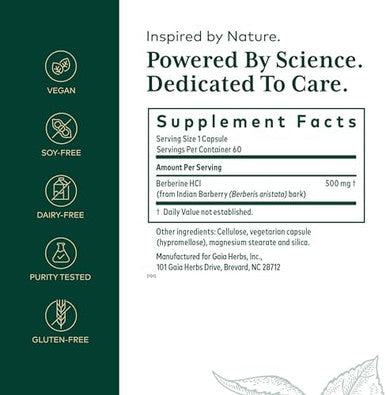 Gaia Herbs Pro Berberine Metabolic Supplement Supplement With Berberine Hci Vegan Gluten Soy 60 Capsules (60 Servings)