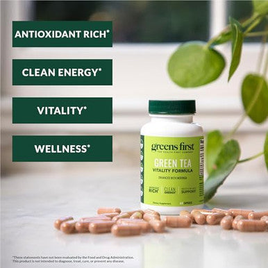 Greens First Green Tea Vitality Formula Enhanced With Moringa Antioxidantrich For Clean Energy Vegan & Gluten Powerful Blend For Energy & Overall Wellness (60 Capsules)