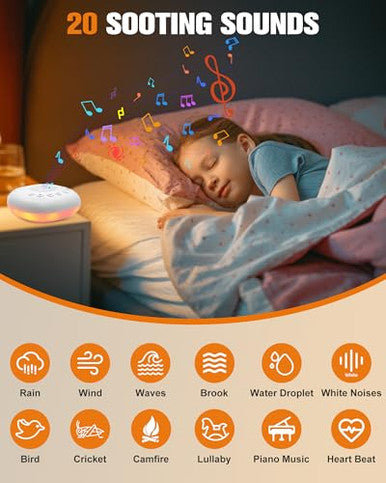 Focevn White Noise Sound Machine For Sleep - Portable Sound Machine 20 Soothing Sounds 9-Color Night Light 30 Volume Levels 4 Timer Options Type-C Charging Noise Machine For Baby Adult Home Office Travel