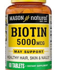Mason Natural Biotin 5000Mcg Vitamin B7 Supplement For Men & Women Supports Healthy Hair Skin & Nails 60 Tablets