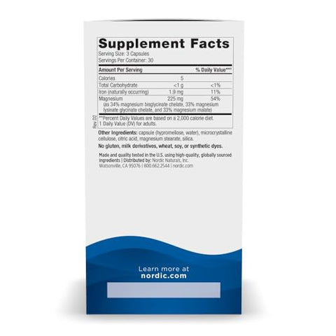 Nordic Naturals Magnesium Complex - 90 Capsules - 225 Mg Magnesium 1.9 Mg Iron - Brain & Heart Health Mood Energy & Muscle Relaxation - Non-Gmo Vegan 30 Servings