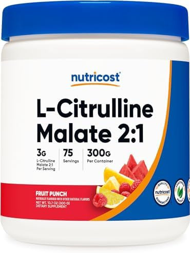 Nutricost Lcitrulline Malate 2:1 (300G) Fruit Punch Workout Support Muscle Performance Nitric Oxide Booster Fitness Supplement Powder 75 Servings