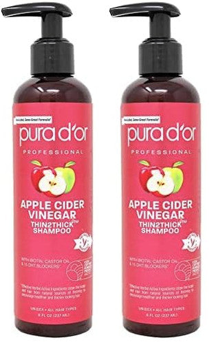 Pura D'Or 16 Oz Apple Cider Vinegar Thin2Thick Shampoo - Biotin Castor Oil For Reduced Frizz Split Ends Clarifying & Detox No Parabens No Sulfates All Hair Types Men & Women