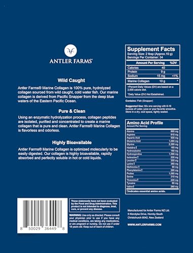 Antler Farms - 100 Pure Clean Marine Collagen Powder From Wild Caught Pacific Snapper 12 Oz Soluble In Hot Or Cold Liquids Highly Bioavailable Rapid Absorption No Taste Or Smell