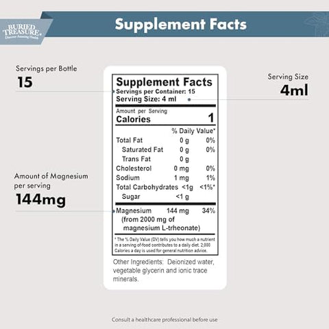 Buried Treasure Magtein 2 Oz. 15 Doses Brain Health Magnesium Lthreonate For Enhanced Memory And Sleep