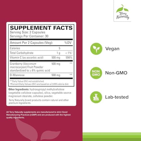 Terry Naturally Urinary Tract Intensive Support Supplement With Cranberry For Bladder Health Support Kidney Health Supplement With Dmannose & Vitamin C 60 Capsules (30 Servings)