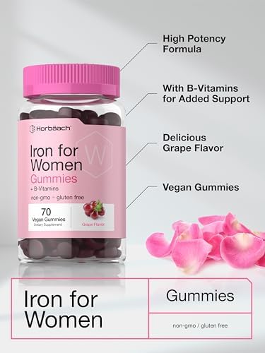 Horbaach Iron Gummies for Women 70 Count Grape Flavor Supplement with B Vitamins Folate and Zinc Vegan NonGMO and Gluten Free