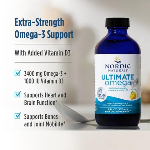 Nordic Naturals Ultimate Omega Xtra Liquid Lemon Flavor - 8 Oz - 3400 Mg Omega-3 1000 Iu Vitamin D3 - Epa & Dha - Brain Heart Joint & Immune Health - Non-Gmo 48 Servings