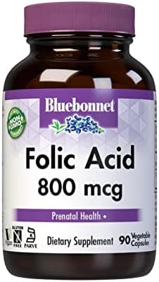 Bluebonnet Nutrition Folic Acid 800Mcg Healthy Neurological Development Soy Dairy & Gluten Nongmo Kosher Vegan Vegetable Capsules 180 Count