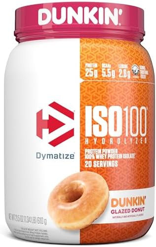 Dymatize Iso100 Hydrolyzed Protein Powder 100% Whey Isolate 25G Of Protein 5.5G Bcaas & Iso100 Hydrolyzed Protein Powder 100% Whey Isolate Dunkin' Glazed Donut Flavor