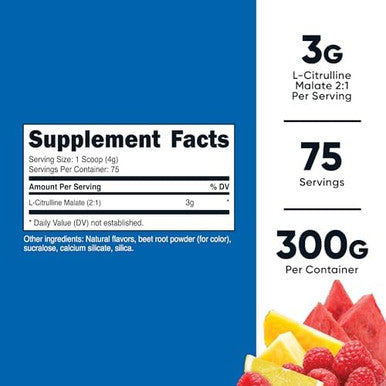 Nutricost Lcitrulline Malate 2:1 (300G) Fruit Punch Workout Support Muscle Performance Nitric Oxide Booster Fitness Supplement Powder 75 Servings