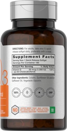 Horbaach Vitamin D3 1000IU (25mcg) Softgels 180 Count High Potency Formula NonGMO and Gluten Free Supplement