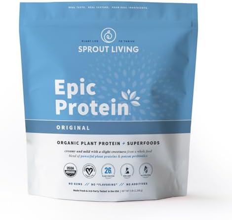Sprout Living Epic Protein Plant Based Protein & Superfoods Powder Chocolate Maca Powder 20 Grams Organic Protein Powder Vegan Non Dairy Nongmo Gluten Low Sugar (1 Pound 12 Servings)