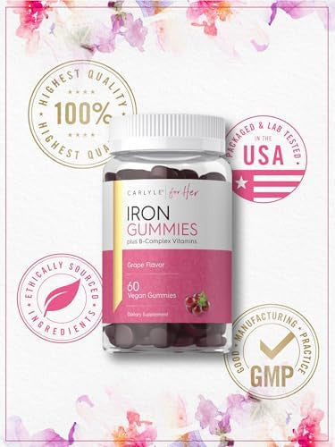 Carlyle Iron Gummies Plus B-Complex Vitamins 60 Vegan Gummies Grape Flavor Non-Gmo, Gluten Supplement