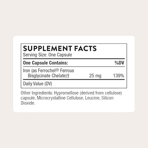 Thorne - Iron Bisglycinate - 25 Mg Iron Supplement For Enhanced Absorption Without Gastrointestinal Side Effects - Nsf Certified For Sport - Gluten-Free 60 Servings