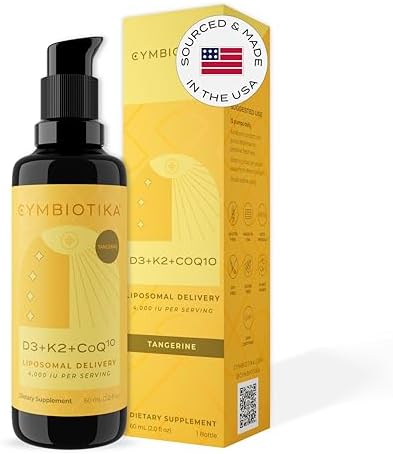 CYMBIOTIKA Vitamin D3 + K2 + CoQ10 Liquid Vitamin D Supplement for Immune Support Heart Health and Bone Health Energy Booster Liposomal Delivery Vegan Keto Ingredients Tangerine Flavor