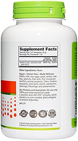 Nutribiotic Ascorbic Acid Vitamin C Powder 8 Oz Pharmaceutical Grade L-Ascorbic Acid 2000 Mg Per Serving Essential Immune & Antioxidant Collagen Support Supplement Vegan Gluten & Gmo