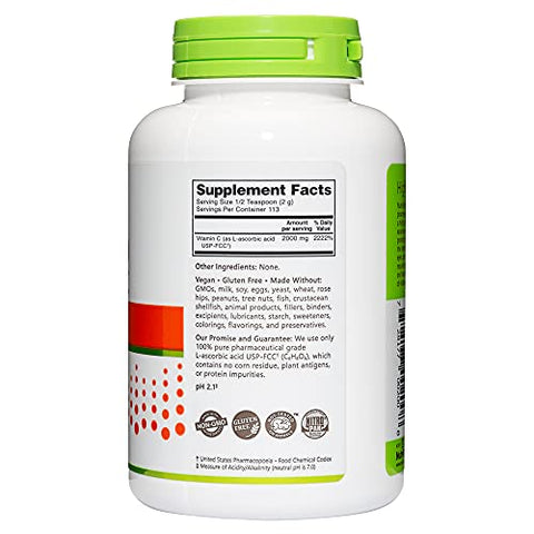 NutriBiotic Ascorbic Acid Vitamin C Powder Pharmaceutical Grade LAscorbic Acid 2000 Mg Per Serving Essential Immune and Antioxidant Collagen Support Supplement Vegan Gluten and GMO 8 Oz