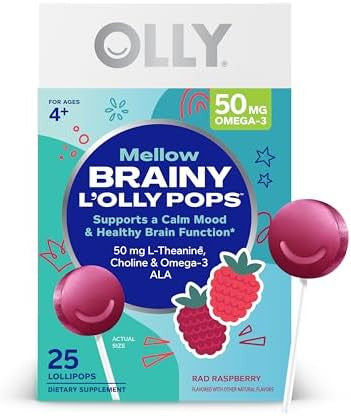 Olly Mellow Buddies L'Olly Pops Omega3 Ala Ltheanine Choline Kids Dietary Supplement Lollipops Supports A Calm Mood & Healthy Brain Function Vegetarian Raspberry Flavored 25 Count