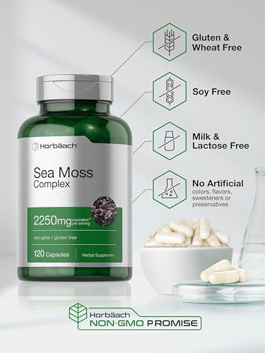 Horbaach Sea Moss Capsules 120 Count Complex Formula with Bladderwrack and Burdock Root NonGMO and Gluten Free Supplement