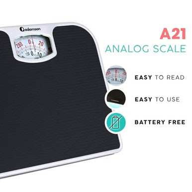 Adamson A21 Analog Scales For Body Weight - Up To 300 Lb - New - Anti-Skid Rubber Surface Large Numbers - Analog Bathroom Scale - Affordable - Durable With 20-Year Assurance - Black