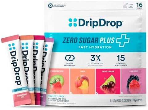 Dripdrop Zero Sugar Plus Sugar Hydration Packets Single Serve Electrolytes Powder Drink Mix Strawberry Kiwi Peach Cherry Limeade Wild Berry Nongmo Gluten Vegan 16 Sticks