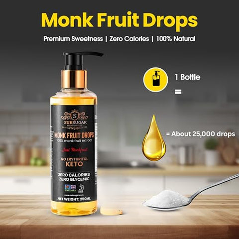 SubSugar Monk Fruit Drops Pure Liquid Monk Fruit Sweetener, No Erythritol Sugar Alternative, Concentrated Syrup, Zero Calorie, Sugar-Free for Keto, Coffee, Tea, Food, Kosher, Non-GMO (8 oz)