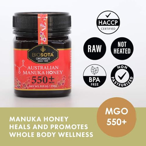 BIOSOTA Organic Manuka Honey MGO 550+ - Medical Grade Manuka Honey from Australia NPA/ULF 15+, 100% Raw Unheated Pure Honey, 8.8oz (550+) (MGO 550+)