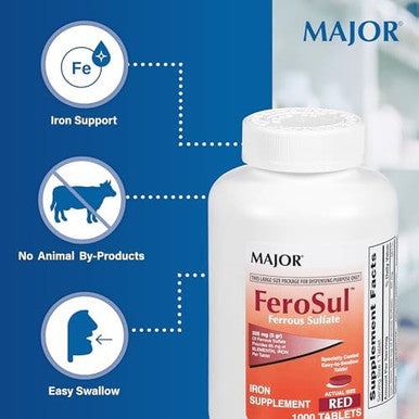 Major Ferosul - Ferrous Sulfate 325Mg Tablets With 65Mg Of Elemental Iron - Iron Supplement For Women, Men - Red - 100 Tablets - Pack Of 1