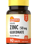 Sundance Zinc Supplement 50mg 90 Tablets Chelated Essential Mineral Vegetarian NonGMO and Gluten Free
