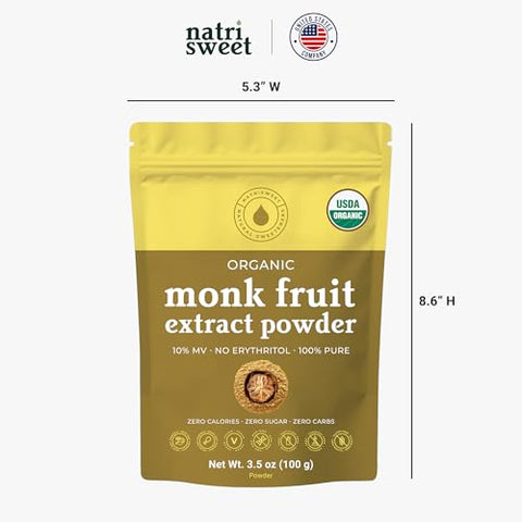 Organic Monk Fruit Extract Powder, 3.5 oz, Pure USDA Organic Monk Fruit Extract Sweetener with No Fillers, Zero Calories, Zero Carbs, Keto & Paleo Friendly Sugar Substitute, 322 Servings by Natri Sweet