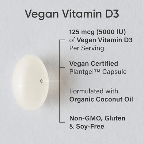 Sports Research Vegan Vitamin D3 5000Iu (125 Mcg) With Coconut Oil 100 Plant-Based Vitamin D For Bone Joint & Immune Support Carrageenan Free Vegan Certified & Non-Gmo Verified (60 Softgels)