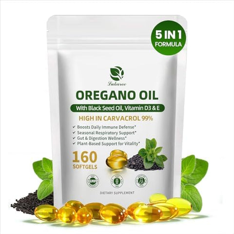 Lukaree 5In1 Oil Of Oregano With Black Seed Oil 99% Carvacrol Thymoquinone 320 Count Organic Oregano Oil Capsules Vitamin D3/E/Black Pepper For Absorption Supports Immune/Gut/Respiratory Nongmo