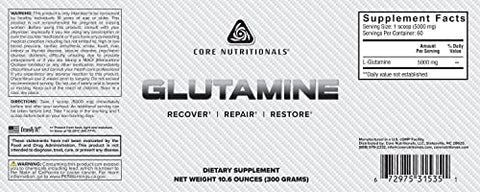 Core Nutritionals Glutamine Amino Acid Enhance Recovery & Restore L-Glutamine Levels Immune Support Muscle Build Gut Health 60 Servings (Unflavored)