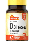 Sundance Vitamin D3 5000 IU 60 Quick Release Softgels High Potency Essential Vitamin Supplement NonGMO and Gluten Free Supplement