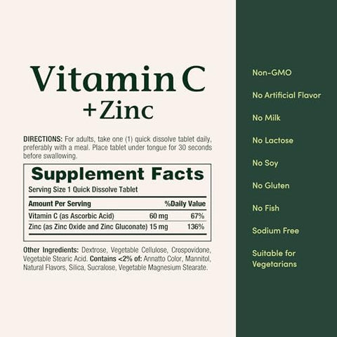 NatureS Bounty Vitamin C + Zinc Vitamin Supplement Supports Immune Health 60 Mg 60 Tablets