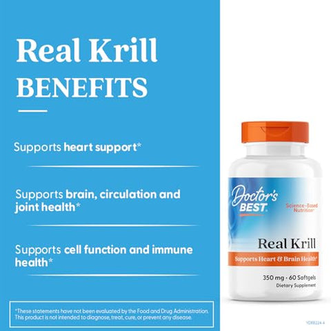 Doctor'S Best Real Krill Oil 350 Mg Supplement For Men & Women - Antarctic Krill Oil With Omega 3 Fatty Acids & Astaxanthin Natural Source Of Epa & Dha Supports Heart & Brain Health 60 Ct Softgels