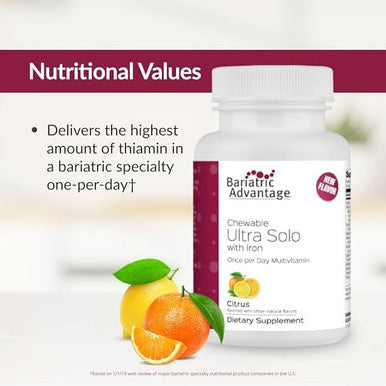 Bariatric Advantage Chewable Ultra Solo With Iron Onceperday Daily Multivitamin For Bariatric Patients With Thiamin Vitamin A & More Gluten Citrus 90 Tablets