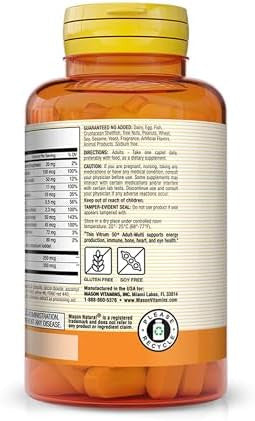 Mason Natural Vitrum 50 + Adultmulti Iron Vitamins A C D E K B Folate Calcium Iron Zinc Potassium Magnesium 100 Tablets