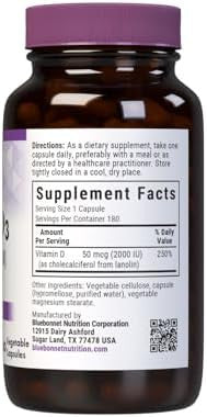 Bluebonnet Nutrition Vitamin D3 2000 Iu Vegetable Capsule Aid In Muscle And Skeletal Growth Cholecalciferol From Lanolin D3 Non Gmo Gluten Soy Milk Kosher 180 Vegetable Capsule
