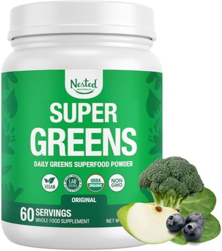 Nested Naturals Super Greens Daily Superfood Powder Usda Organic Green Powder W/20+ Whole Foods Spirulina Powder Wheat & Barley Grass Probiotics Fiber & Enzymes Original Flavor 60
