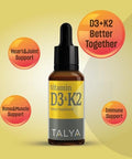 TALYA Vitamin D3 and K2 Liquid Vitamin D3 with K2 Drops 1000 IU Immune Support Helps Support Strong Bones and Healthy Heart NonGMO Vegan 60 Servings 0.34 fl.oz