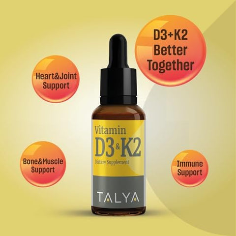 TALYA Vitamin D3 and K2 Liquid Vitamin D3 with K2 Drops 1000 IU Immune Support Helps Support Strong Bones and Healthy Heart NonGMO Vegan 60 Servings 0.34 fl.oz