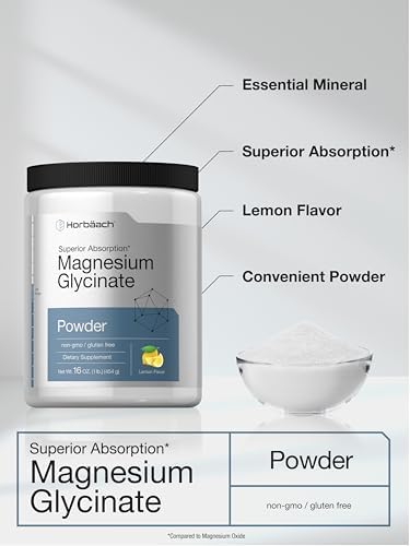 Horbaach Magnesium Glycinate Powder 1 lb Lemon Flavored Superior Absorption NonGMO and Gluten Free