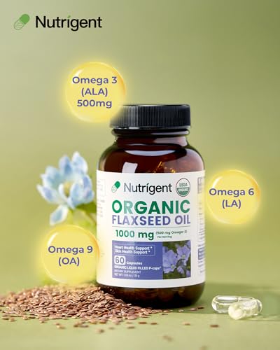 Nutrigent Usda Certified Organic Flaxseed Oil 1000 Mg Cold Pressed 100 Pure With Plant-Based Omega 3 Ala Essential Fatty Acids For Heart & Skin Health 60 Capsules