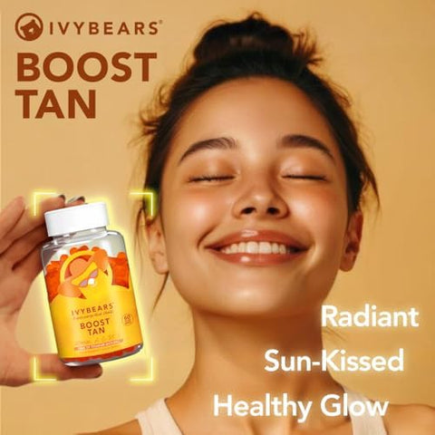 Ivybears Glow Tanning Gummies - Beta Carotene Vitamin A C D2 & E - [Ai Tanning Specialist Ada] Supports Healthy Tan & Glow - Vegan & Made In Germany - Pack Of 60 - Boost Tan