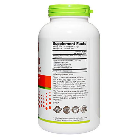 NutriBiotic Ascorbic Acid with Bioflavonoids Powder Highly Soluble Antioxidant and Collagen Support Supplement 2000 Mg Vitamin C with Lemon Bioflavonoid Complex Vegan Gluten and GMOFree 16 Oz